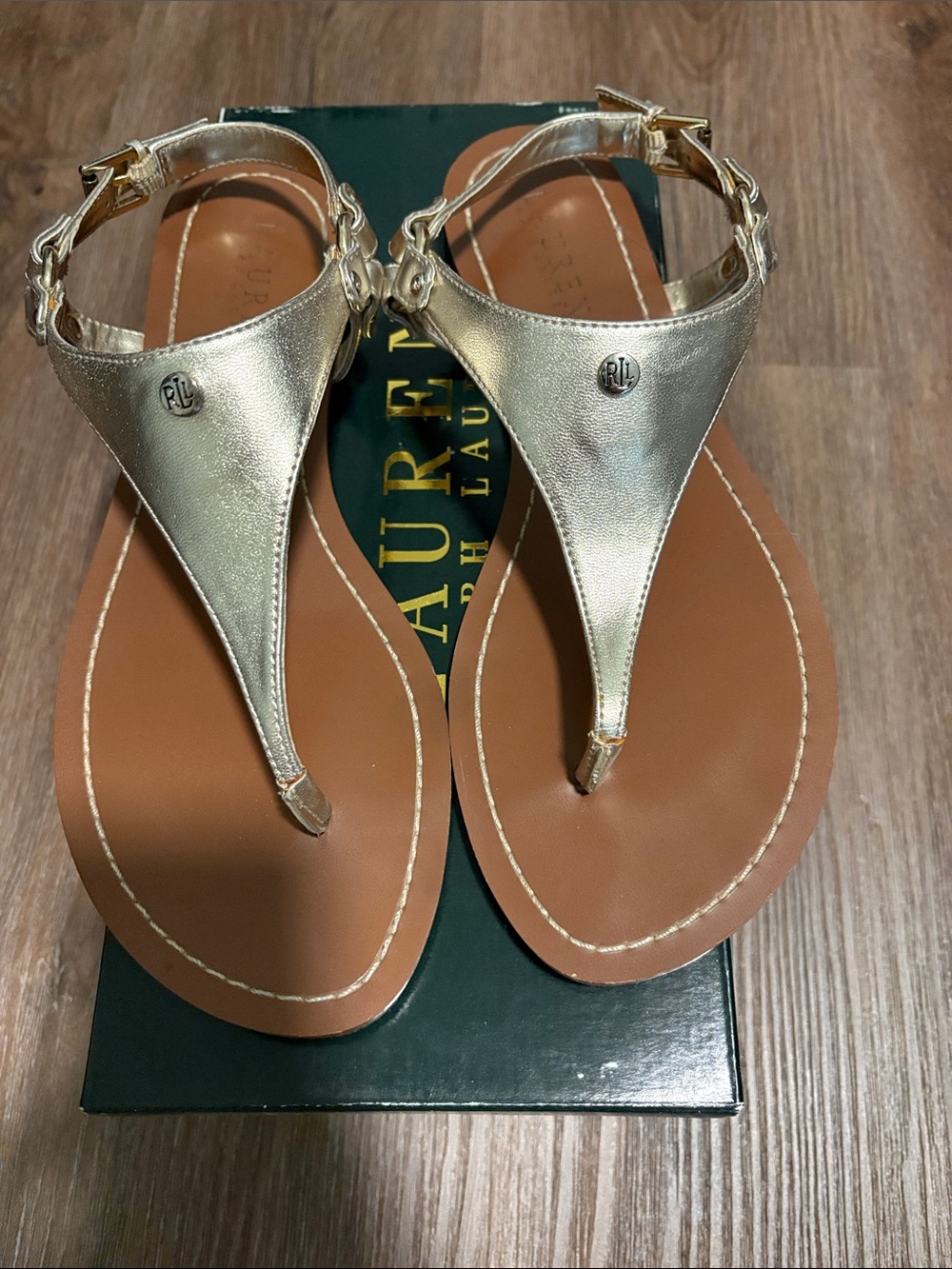 Ralph Lauren Metallic Gold T-Strap Leather Sandals